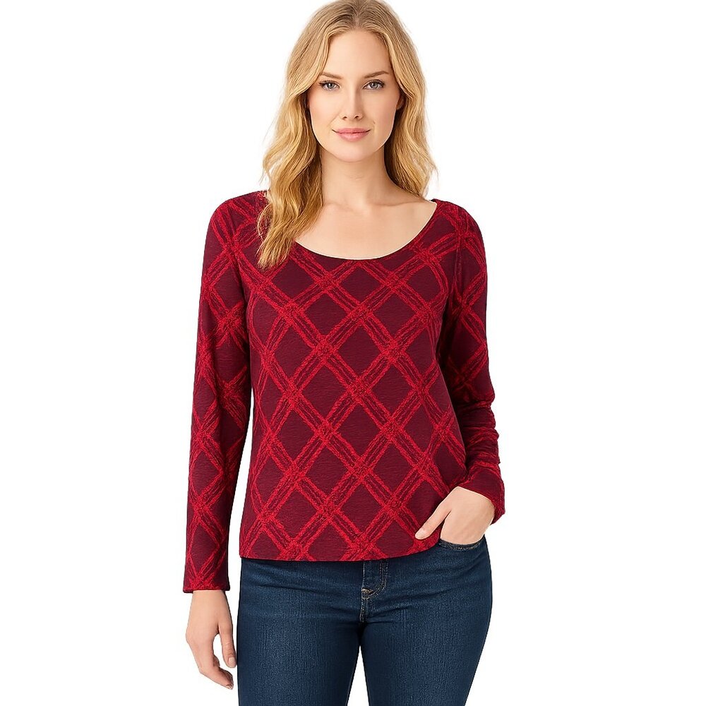 NWT White House Black Market Puff Sleeve Tee Plaid Rotated Zinfandel M #WHBM4